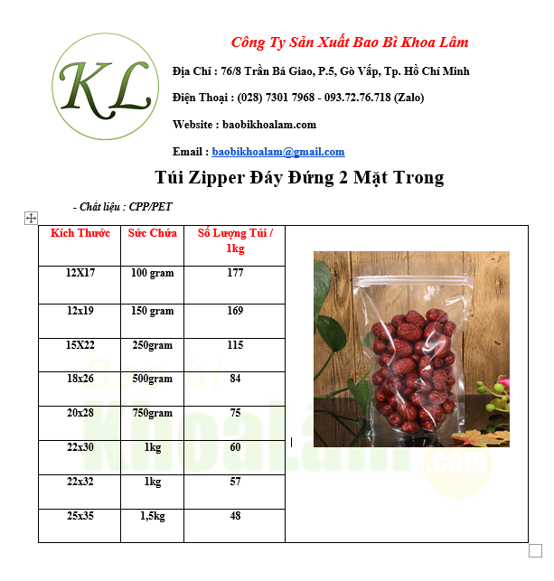 kích thước túi zip trong